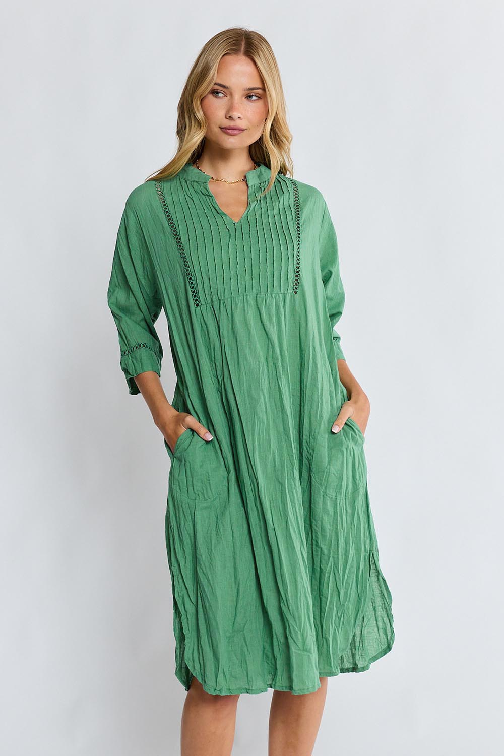 Model Genericm wearing size sample of the Laverne Cotton Kaftan Dress – Gumleaf in colour Gumleaf, in a cropped view