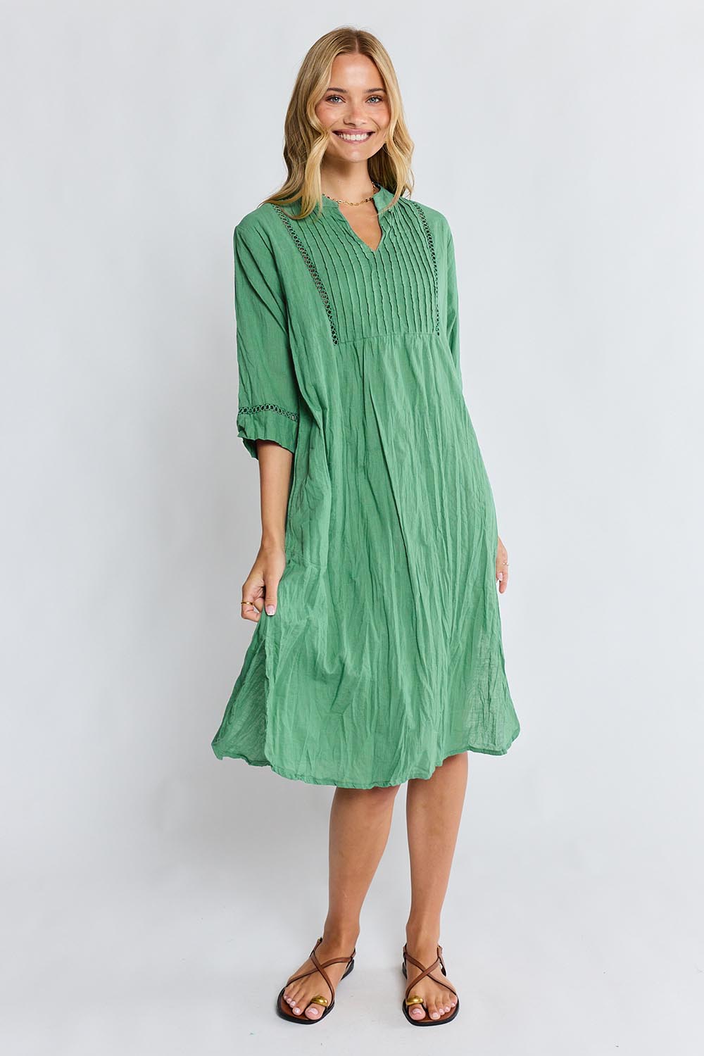 Model Genericm wearing size sample of the Laverne Cotton Kaftan Dress – Gumleaf in colour Gumleaf, from the front