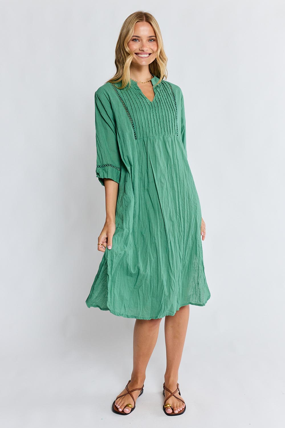 Model Genericm wearing size sample of the Laverne Kaftan Dress – Gumleaf in colour Gumleaf, from the front