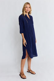 Model Genericm wearing size sample of the Laverne Kaftan Dress – Navy in colour Navy, from the front