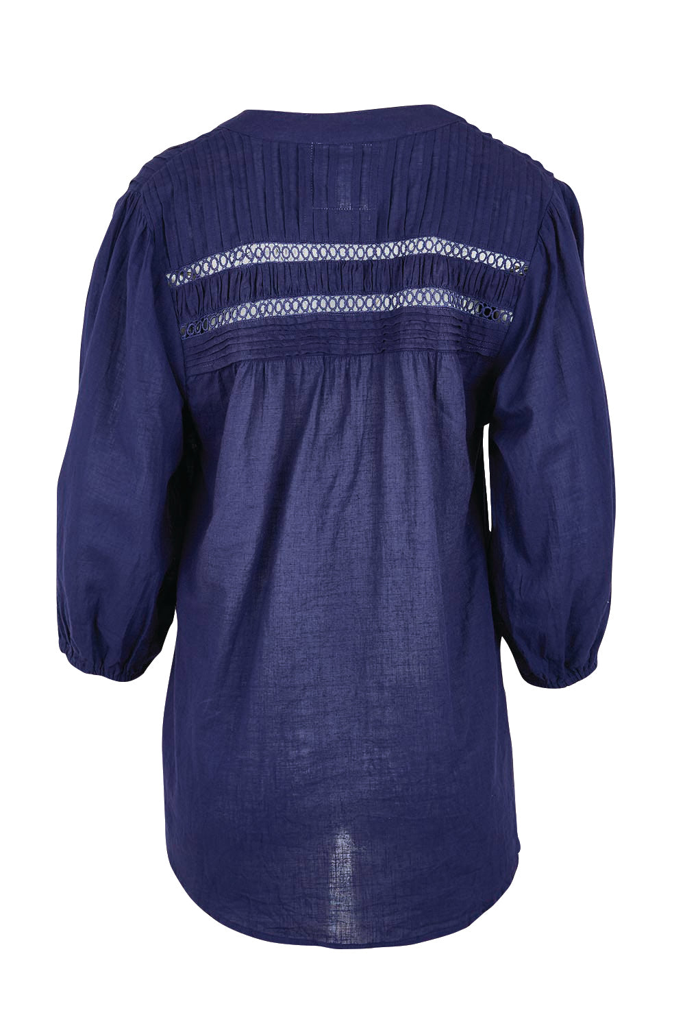 Product shot of the Laverne Tuck Shirt – Navy in colour Navy, from the back