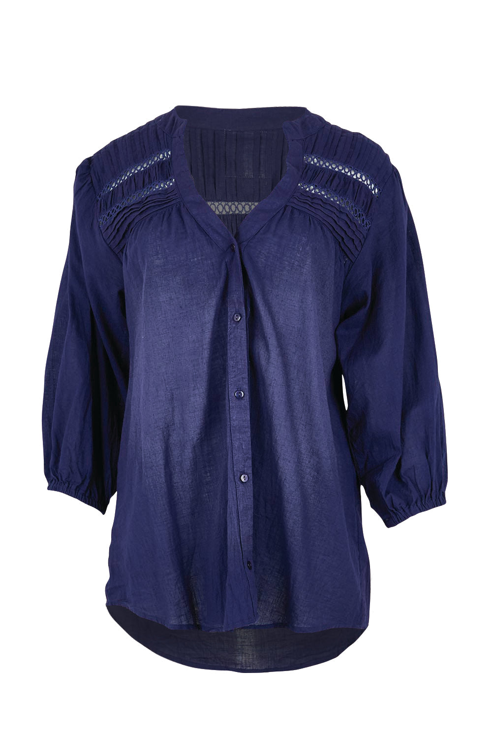 Product shot of the Laverne Tuck Shirt – Navy in colour Navy, from the front