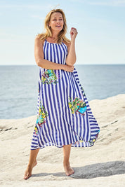 Model Bianca wearing size S of the Lucciano Cotton Maxi Dress in colour Navy (Blue), from the front, showing the whole outfit