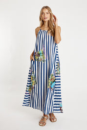 A model wearing the Lucciano Cotton Maxi Dress in colour Navy (Blue), from the front, showing the whole outfit
