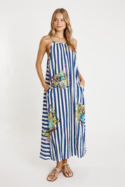 A model wearing the Lucciano Cotton Maxi Dress in colour Navy (Blue), from the front, showing the whole outfit