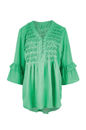 Product shot of the Marilyn Shirt – Sea in colour Sea, from the front
