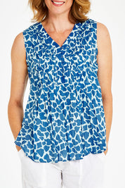 Model Naomi wearing size S of the Marley Top in colour Ocean (Blue), from the front, cropped image