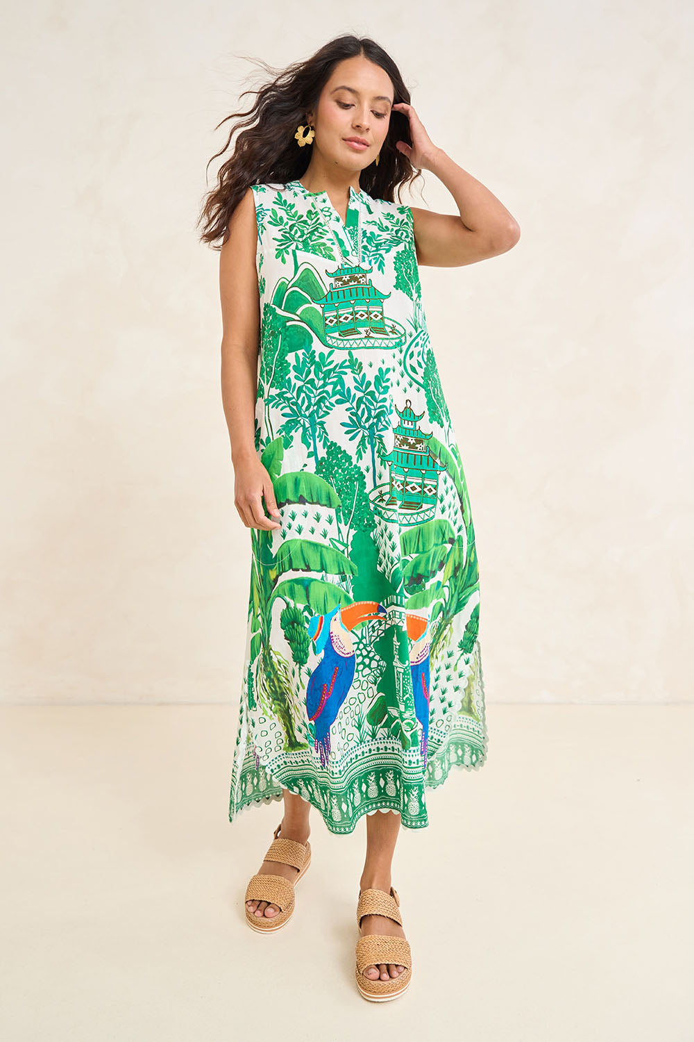 Model Tahnee wearing size S of the Marquita Cotton Maxi Dress in colour White (Green), from the front, showing the whole outfit