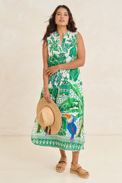 Model Tahnee wearing size S of the Marquita Cotton Maxi Dress in colour White (Green), from the front, showing the whole outfit