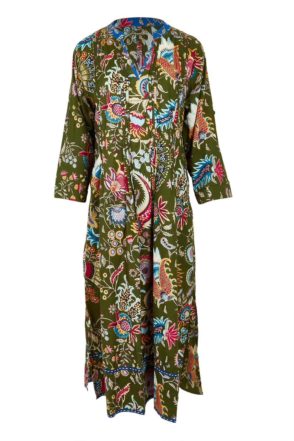 Product shot of the Nandita Cotton Midi Dress in colour Olive (Green), from the front