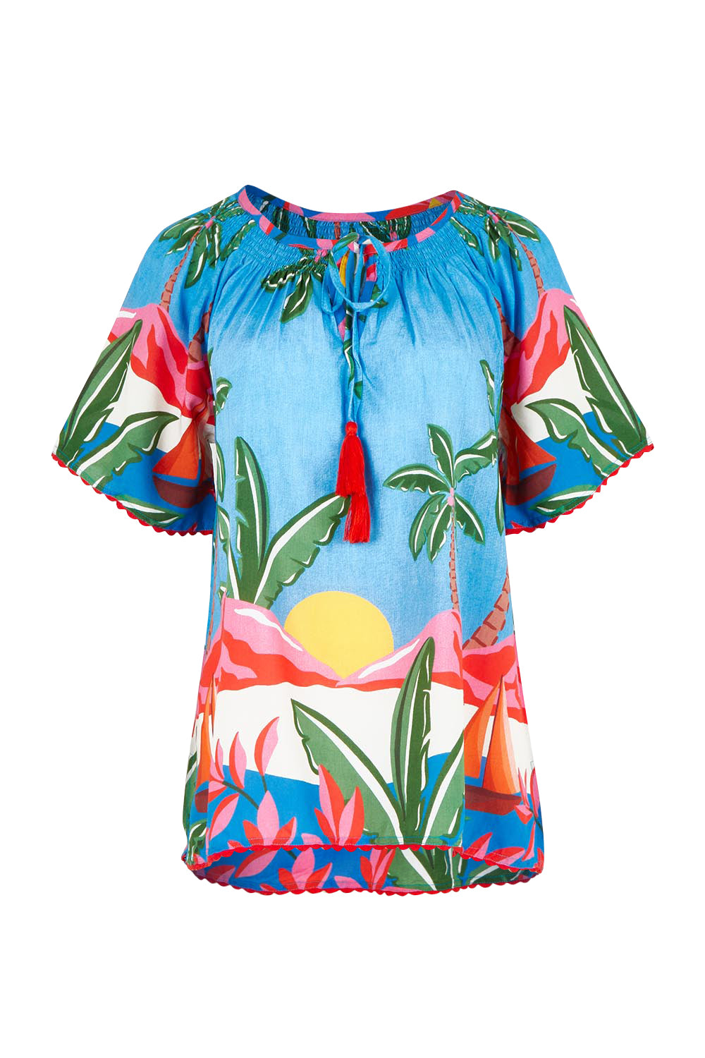 Product shot of the Pacifica Top in colour Print (Blue), from the front
