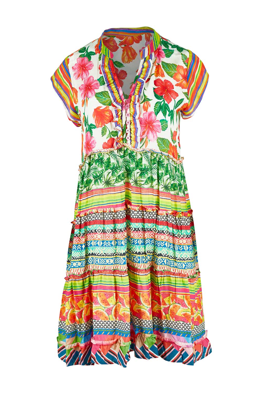 Product shot of the Palmer Tiered Dress in colour Print (Green), from the front