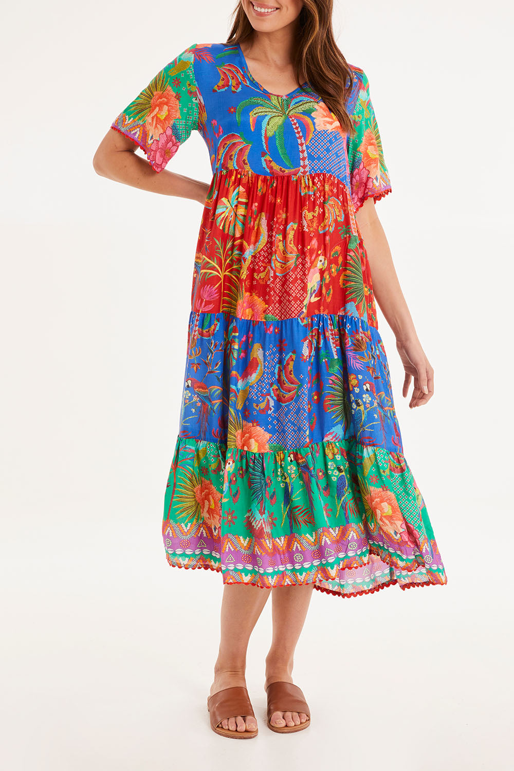 Model Madeline wearing size S of the Peregian Tiered Midi Dress in colour Multi (Blue), from the front, cropped image