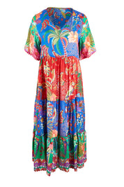 Product shot of the Peregian Tiered Midi Dress in colour Multi (Blue), from the front
