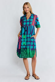 Model Genericm wearing size sample of the Rhea Midi Dress – Navy in colour Navy, from the front