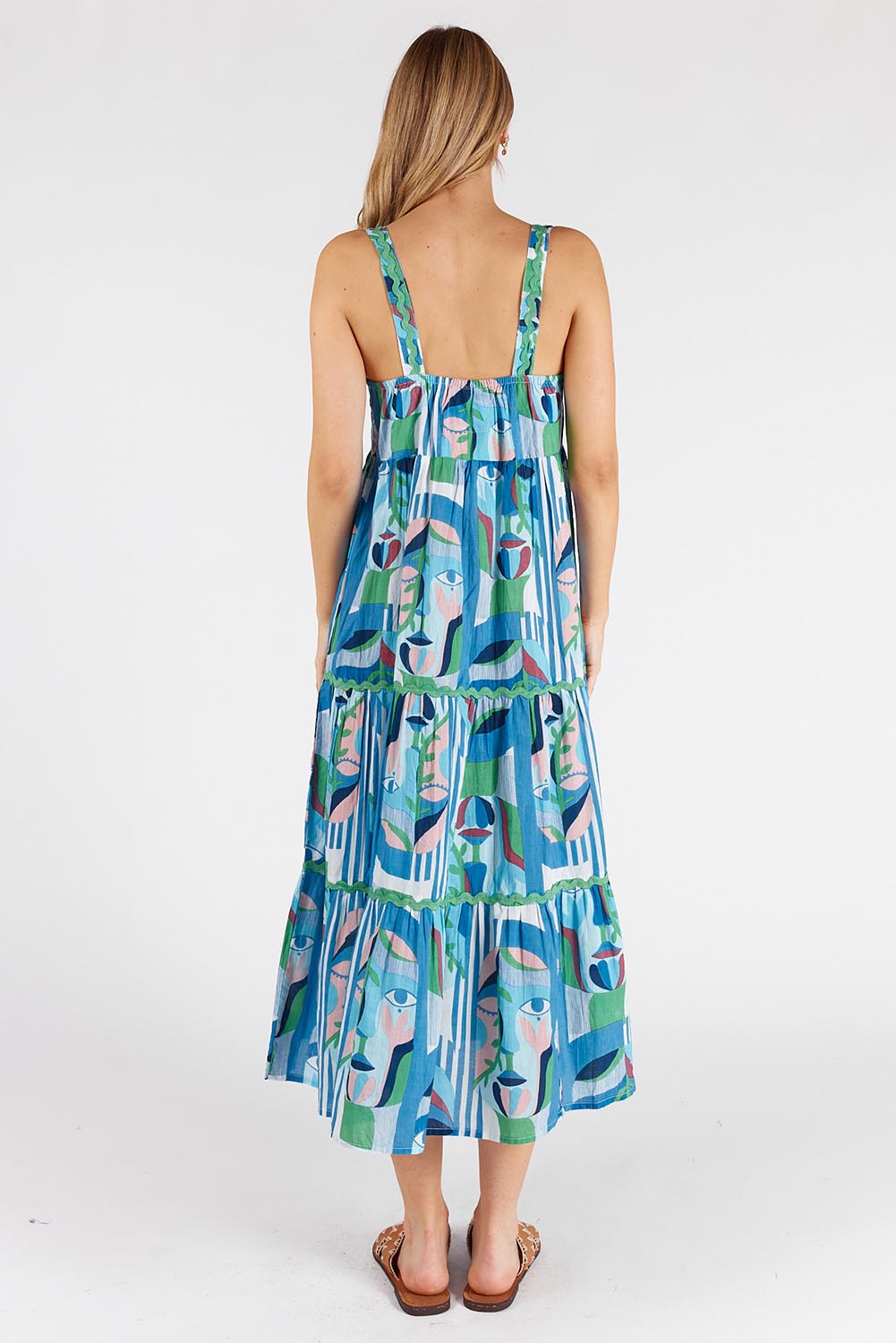 A model wearing the Rosalie Cotton Sundress in colour Sky (Blue), from the back