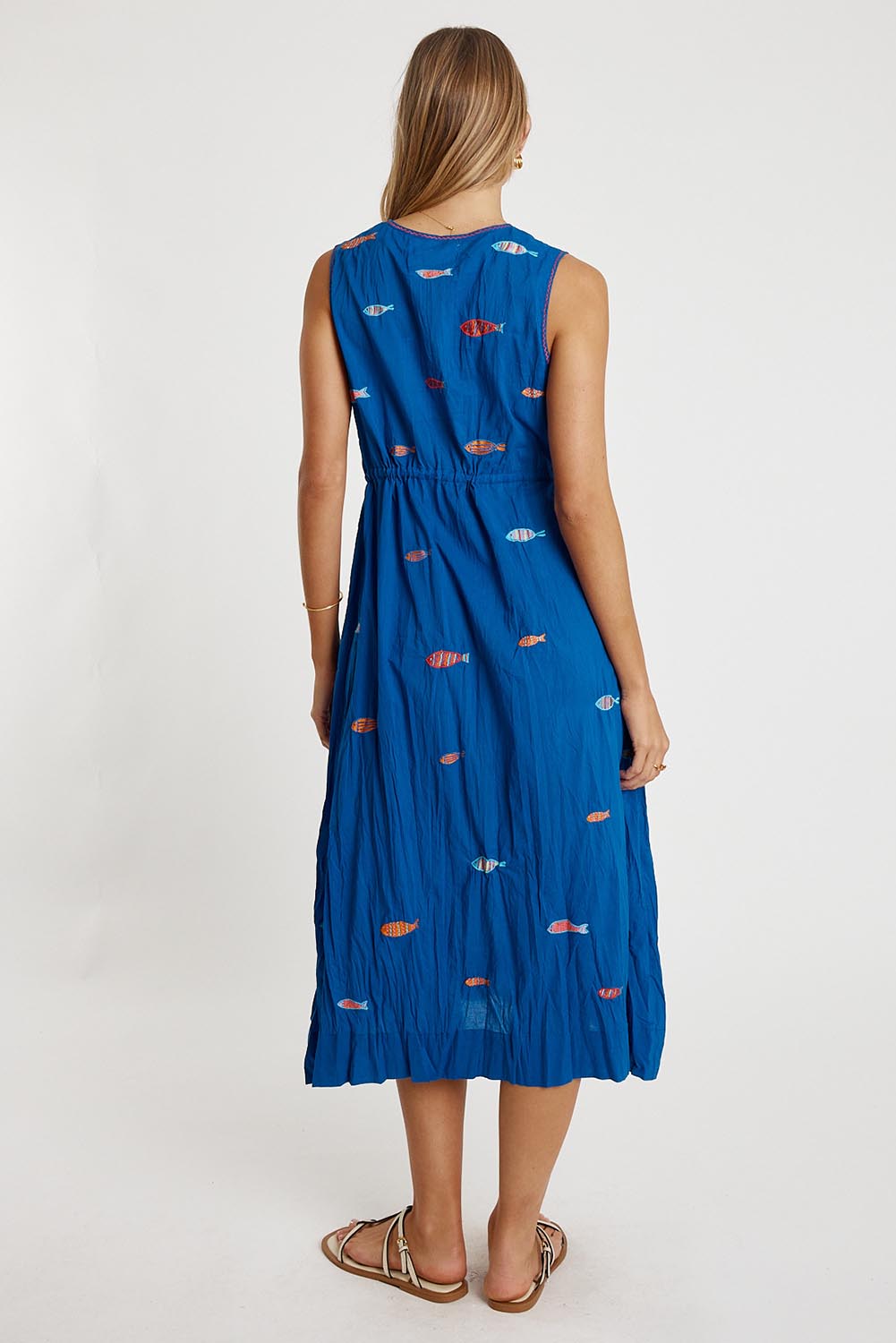 Preloved Sardine Tie Cotton Midi Dress - Ocean