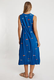Preloved Sardine Tie Cotton Midi Dress - Ocean