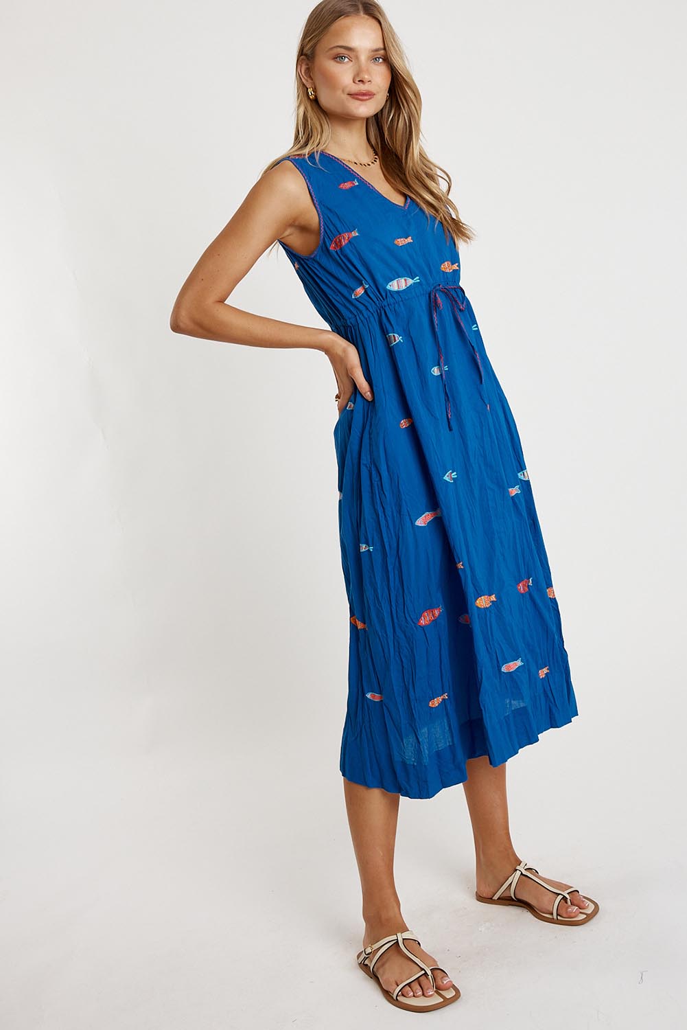 Preloved Sardine Tie Cotton Midi Dress - Ocean