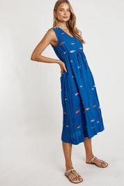 Preloved Sardine Tie Cotton Midi Dress - Ocean