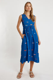 Preloved Sardine Tie Cotton Midi Dress - Ocean