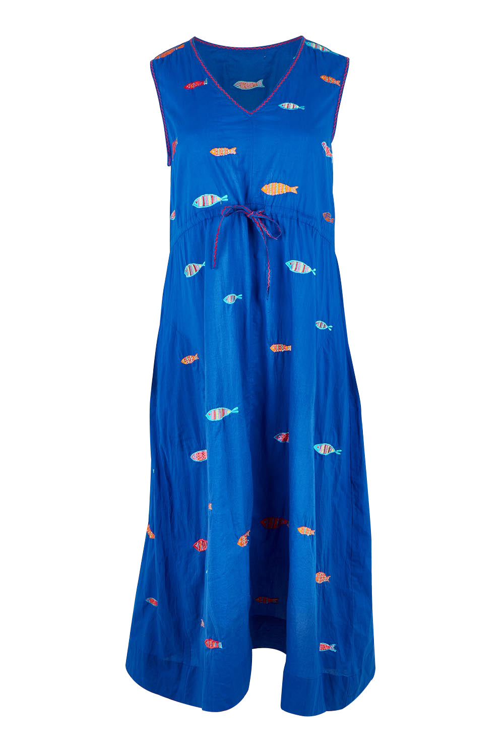 Product shot of the Sardine Tie Cotton Midi Dress in colour Ocean (Blue), from the front