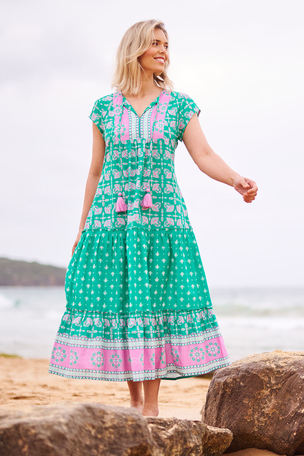 Model Phoebe wearing size S of the Scarlet Cotton Maxi Dress in colour Sea (Green), from the front, showing the whole outfit