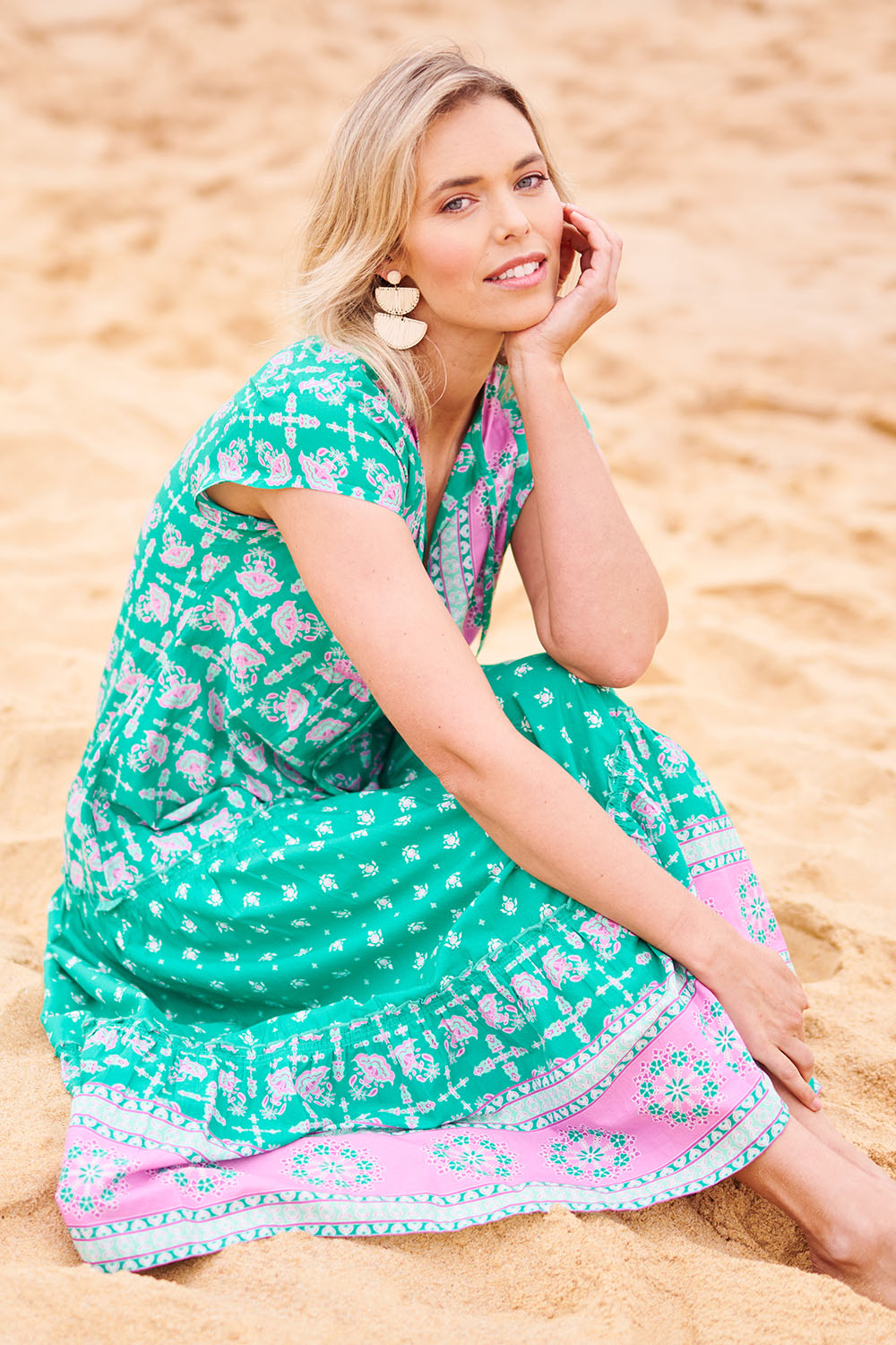 Model Phoebe wearing size S of the Scarlet Cotton Maxi Dress in colour Sea (Green), from the front, showing the whole outfit
