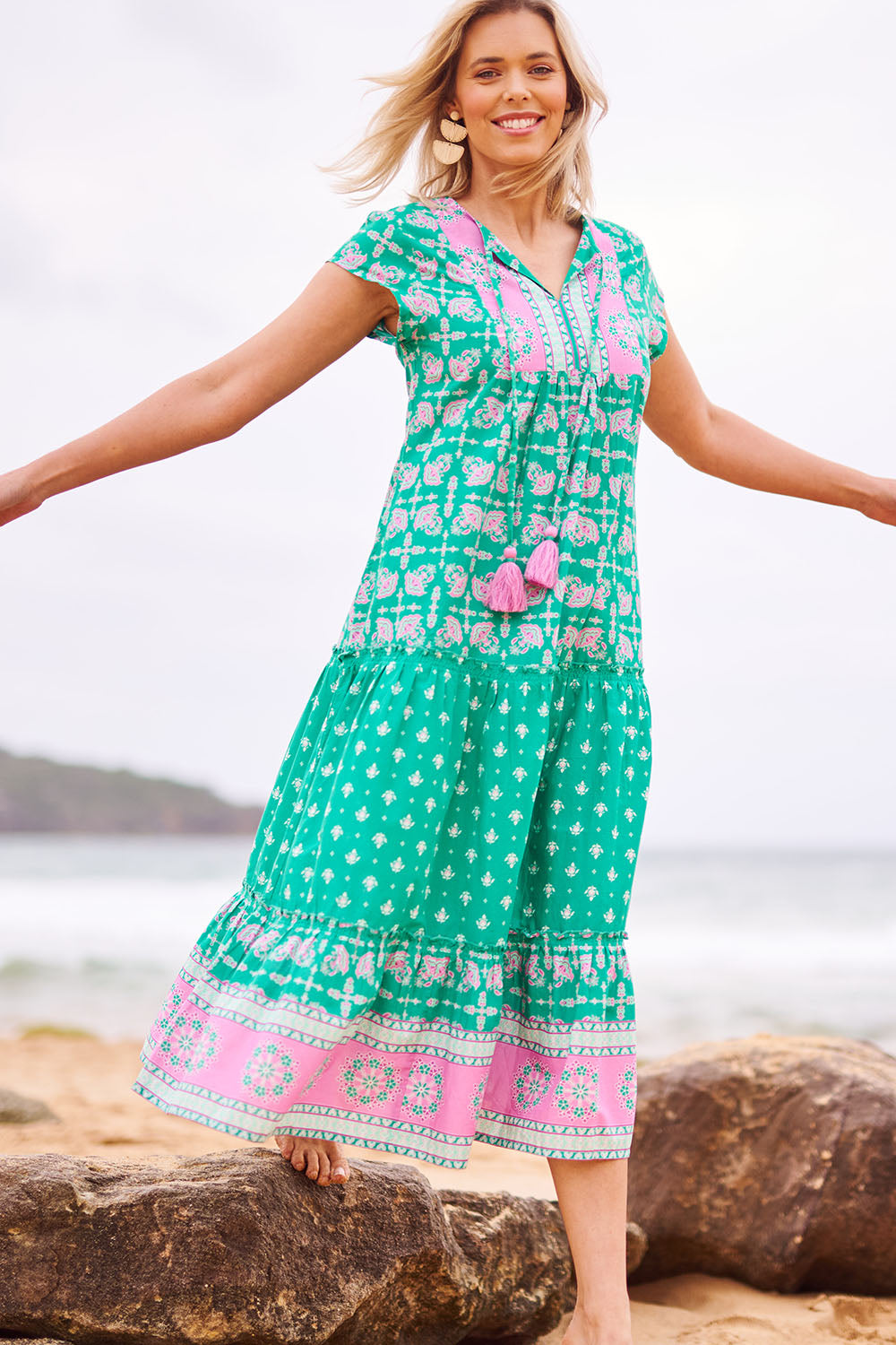 Model Phoebe wearing size S of the Scarlet Cotton Maxi Dress in colour Sea (Green), from the front, showing the whole outfit