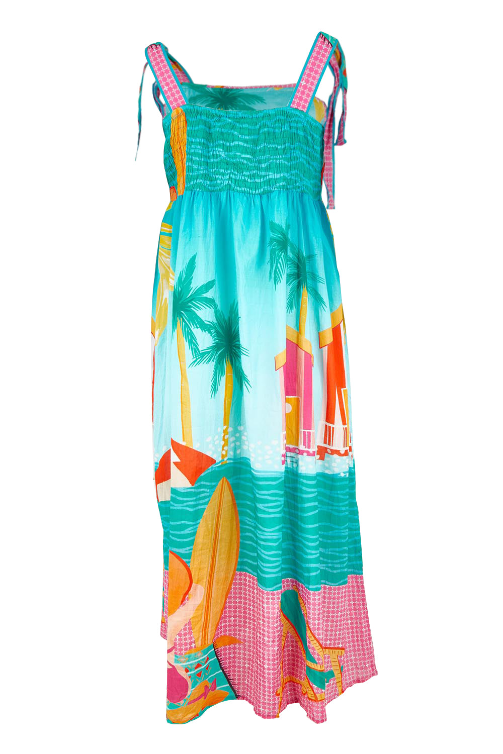 Product shot of the Seraphina Cotton Sundress in colour Mist (Blue), from the back