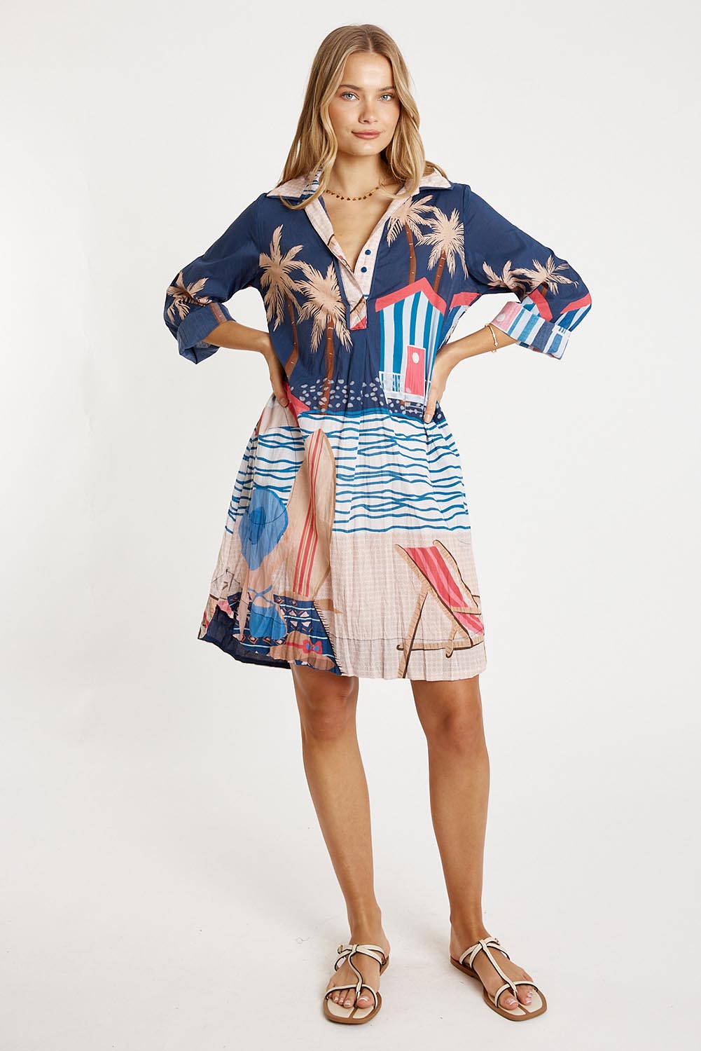 A model wearing the Seraphina Cotton Shirtmaker Dress in colour Navy (Blue), from the front, showing the whole outfit
