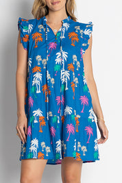 A model wearing the Shamira Cotton Dress in colour Navy (Blue), from the front, cropped image