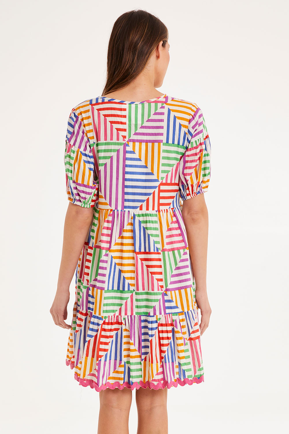 Model Madeline wearing size S of the Torquay Dress in colour Print (Pink), from the back