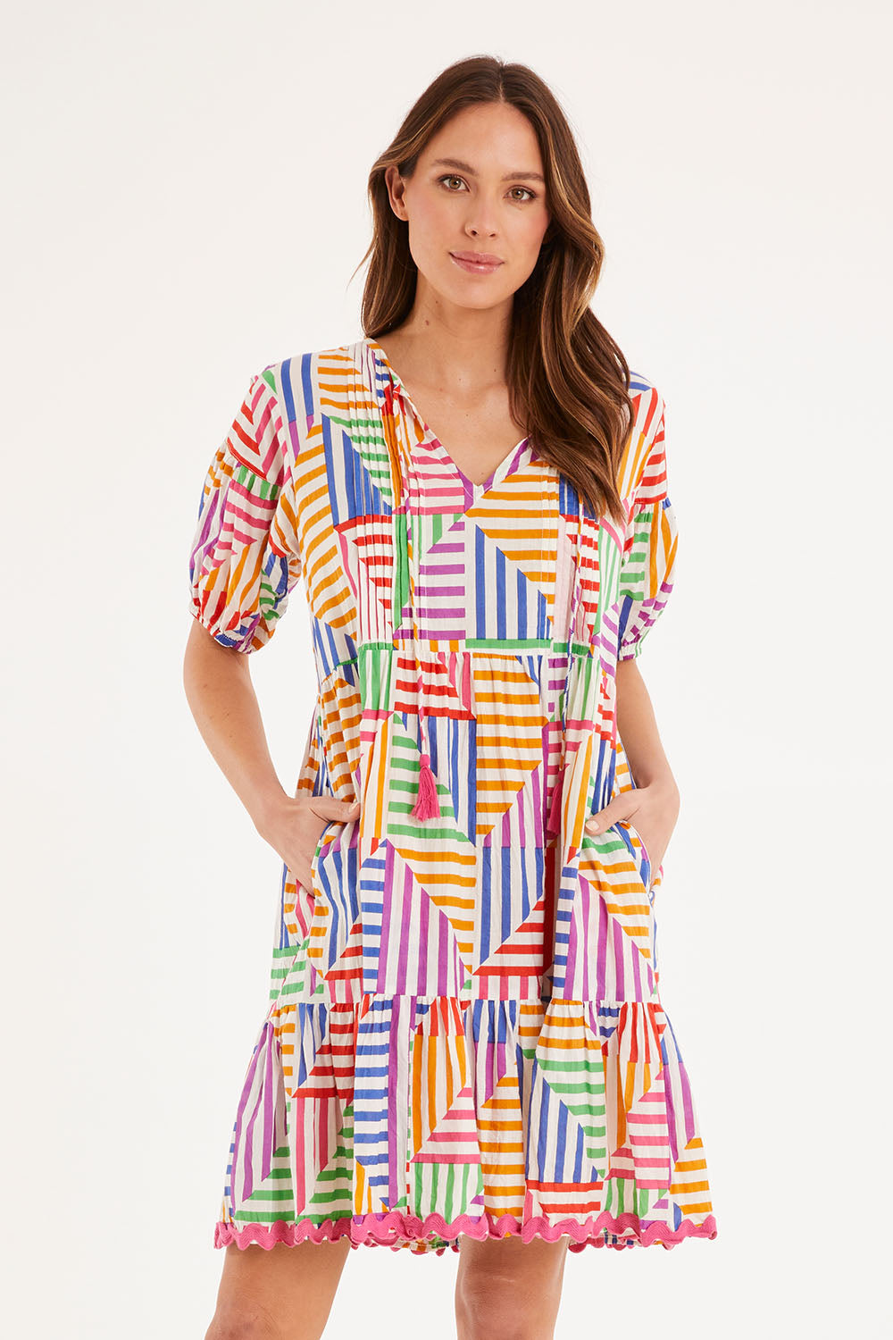 Model Madeline wearing size S of the Torquay Dress in colour Print (Pink), from the front, cropped image