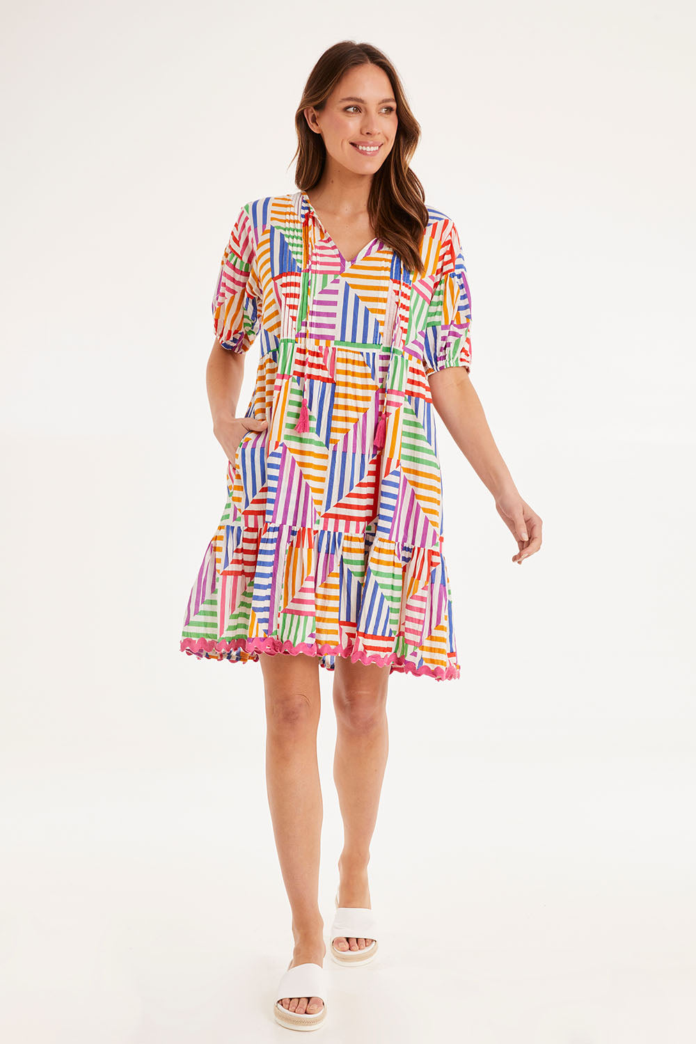 Model Madeline wearing size S of the Torquay Dress in colour Print (Pink), from the front, showing the whole outfit