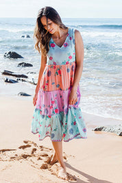 Model Amanda wearing size S of the Velda Midi Dress in colour Multi (Green), from the front, showing the whole outfit