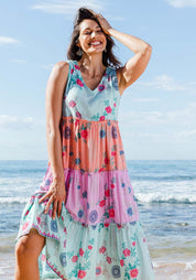 Model Amanda wearing size S of the Velda Midi Dress in colour Multi (Green), from the front, showing the whole outfit