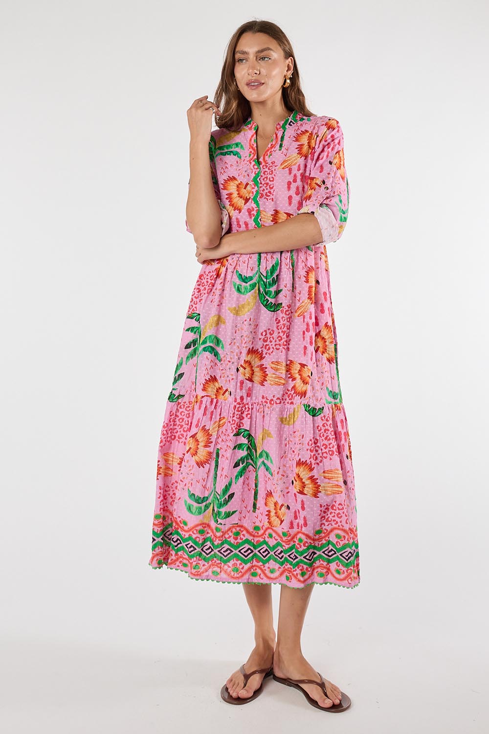 Model Genericm wearing size sample of the Yasmin Midi Dress – Musk in colour Musk, from the front