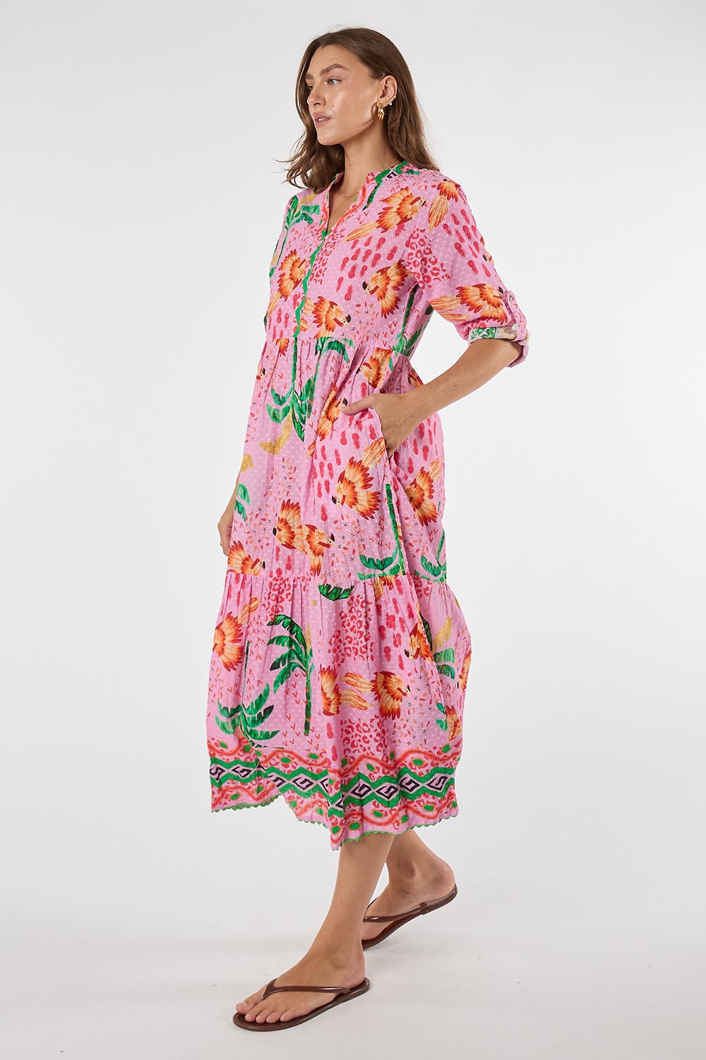 Model Genericm wearing size sample of the Yasmin Midi Dress – Musk in colour Musk, from the front