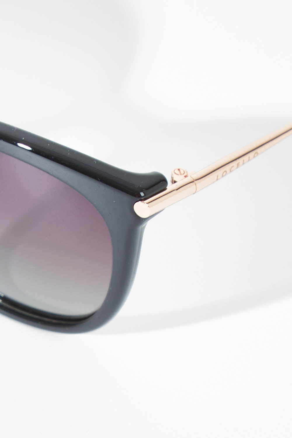 A model wearing size OneSize of the Ashley Sunglasses in colour Black (Black), from the front, showing the whole outfit