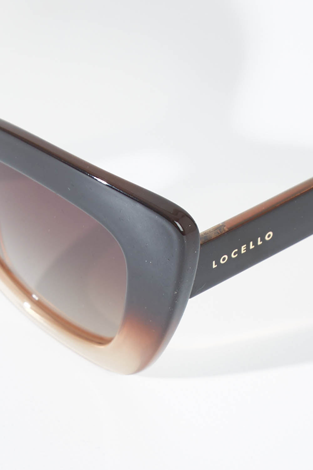 A model wearing size OneSize of the Eden Sunglasses in colour Ombrebrown, from the front, showing the whole outfit