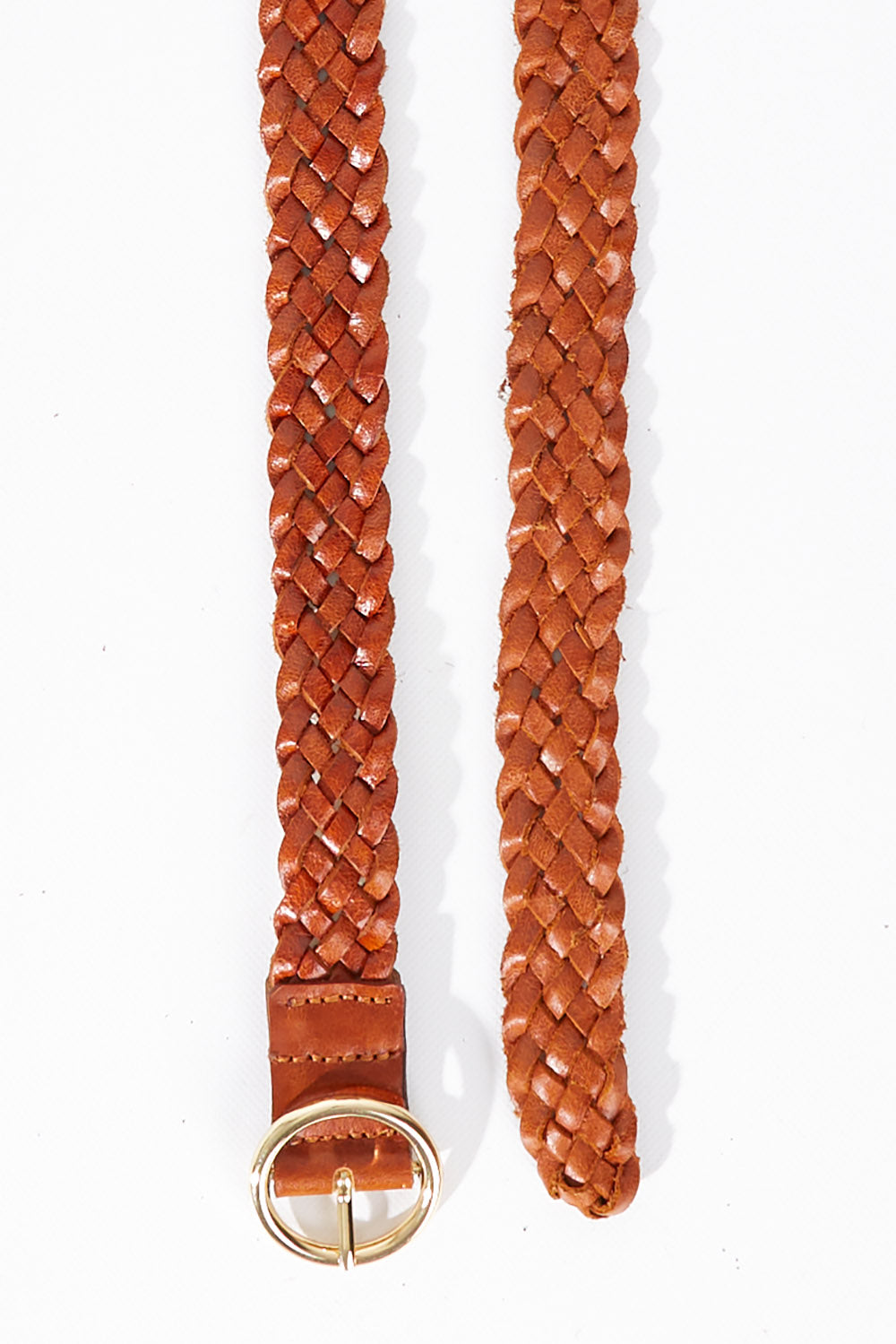 A model wearing size S of the Catrina Woven Leather Belt in colour Tan, from the front, showing the whole outfit