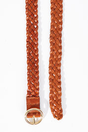 A model wearing size S of the Catrina Woven Leather Belt in colour Tan, from the front, showing the whole outfit