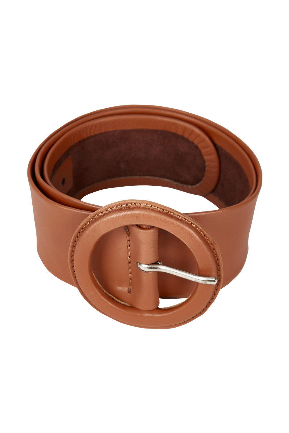 Product shot of the Skye Wide Leather Waist Belt in colour Tan, from the front
