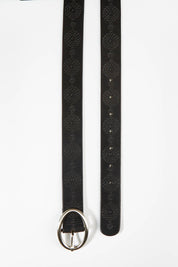 A model wearing size S of the Bronte Park Leather Belt in colour Black (Black), from the front, showing the whole outfit