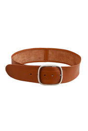 Product shot of the Emma Wide Leather Belt in colour Cognac, from the front
