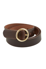 Product shot of the Leah Leather Belt in colour Chocolate, from the front