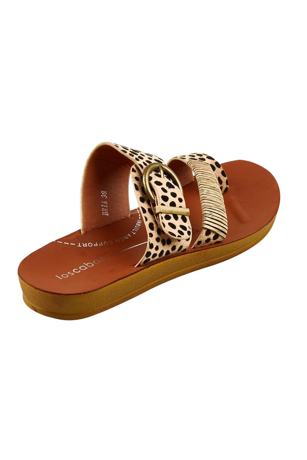 Product shot of the Bria Flat Sandal in colour Cheetah, from the back