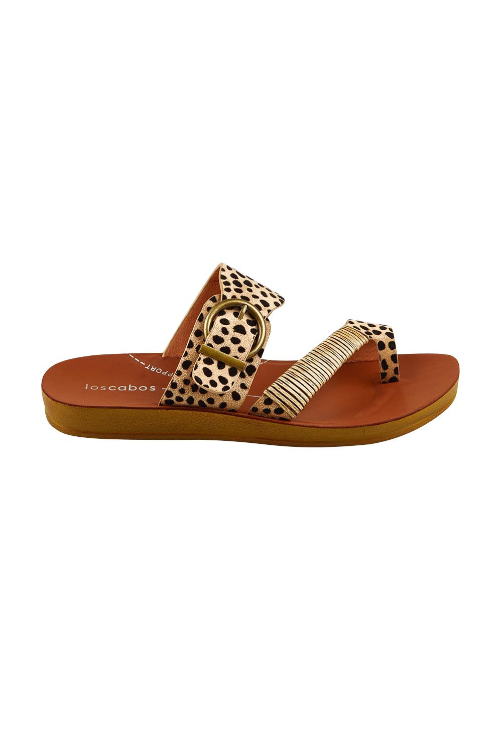 Product shot of the Bria Flat Sandal in colour Cheetah, from the front