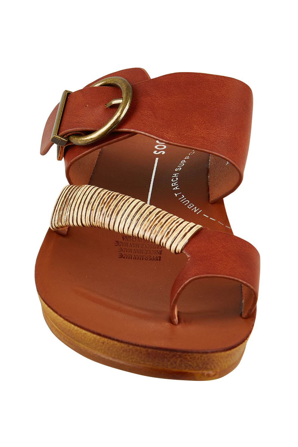 Product shot of the Bria Flat Sandal in colour Cognac, from the back